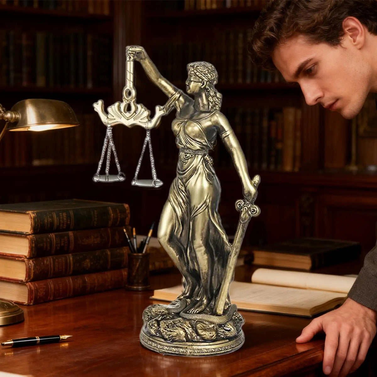 statue justice dorée sculptural maison livres lampes classique détaillée motifs décoratifs base