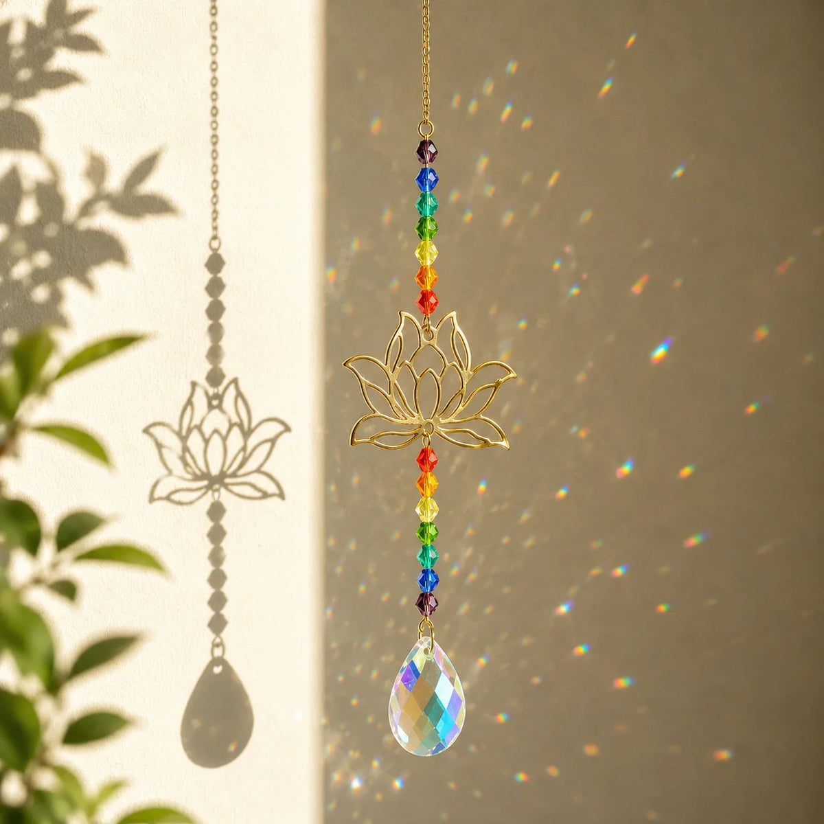 pendentif décoratif cristal fleur lotus facetées chaîne dorée arc ciel jardin extérieur