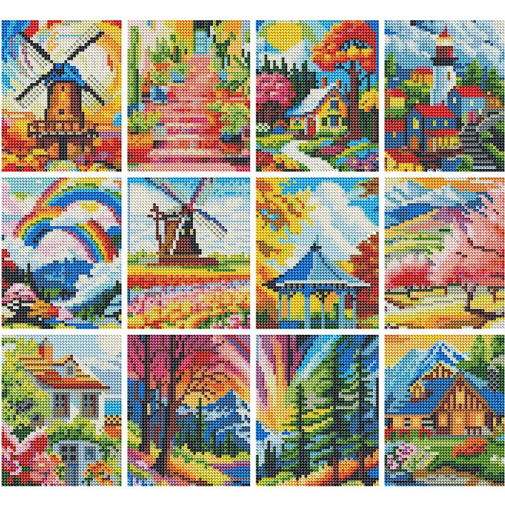 tableau decoratif paysages montagnes moulins maisons nature multicolore art populaire cadre bois chambre salon
