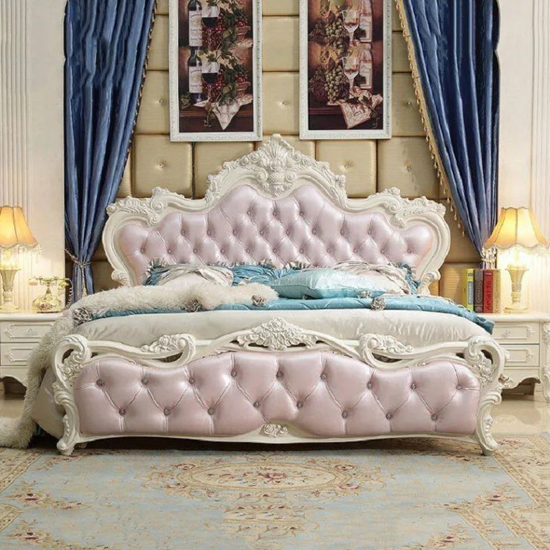 lit double rustique européen tufté blanc rose pâle ornements sculptés moderne chambre coucher