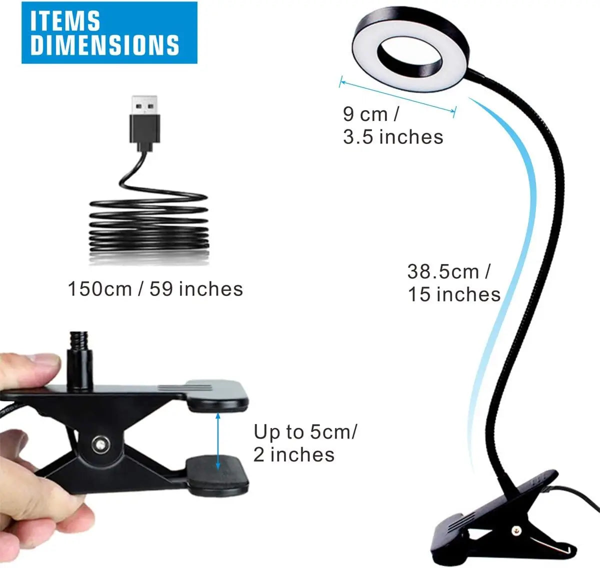 lampe flexible noir pince usb modes lumière interrupteur tactile moderne
