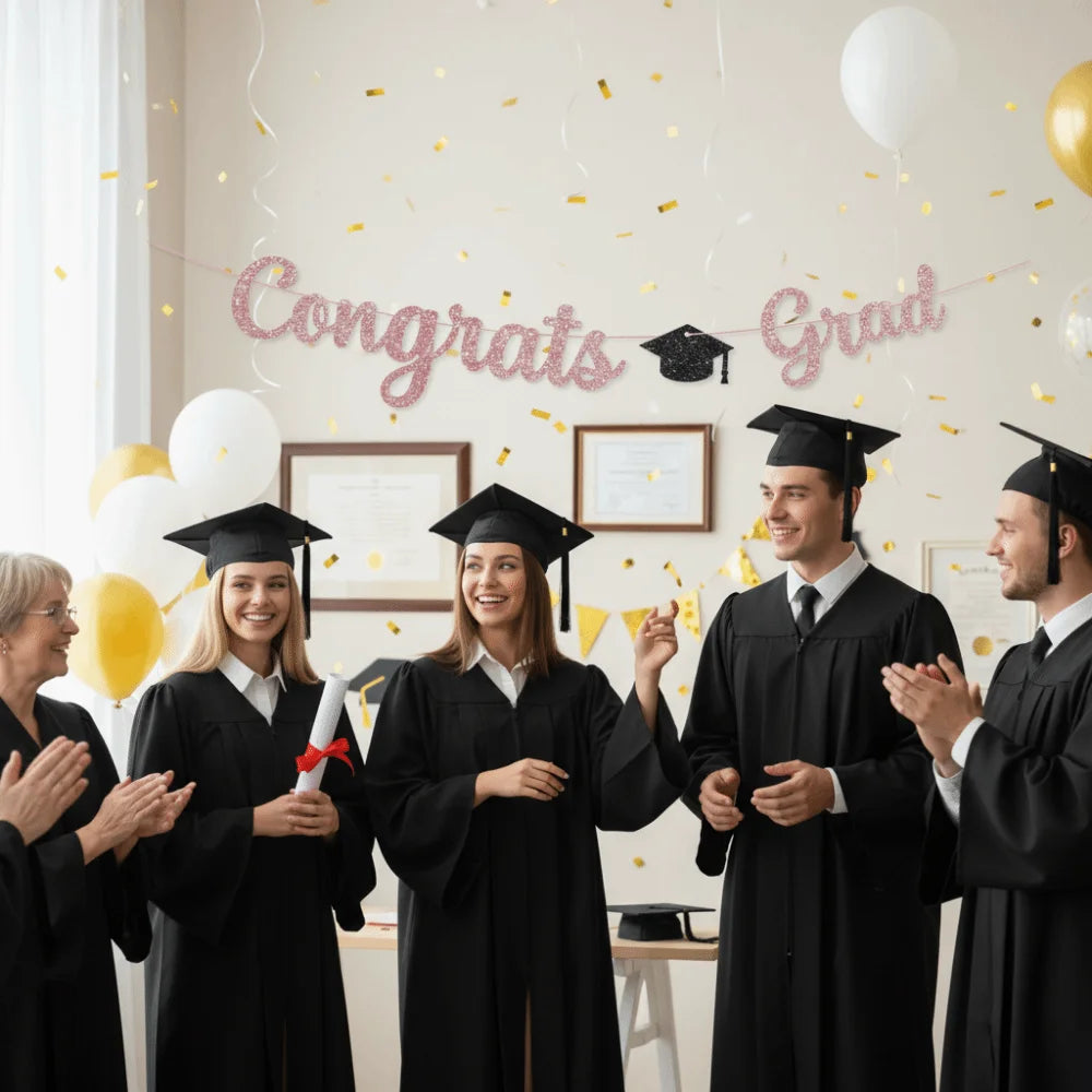 guirlande décoration fête graduation lettres paillettes chapeau diplôme ballons confettis
