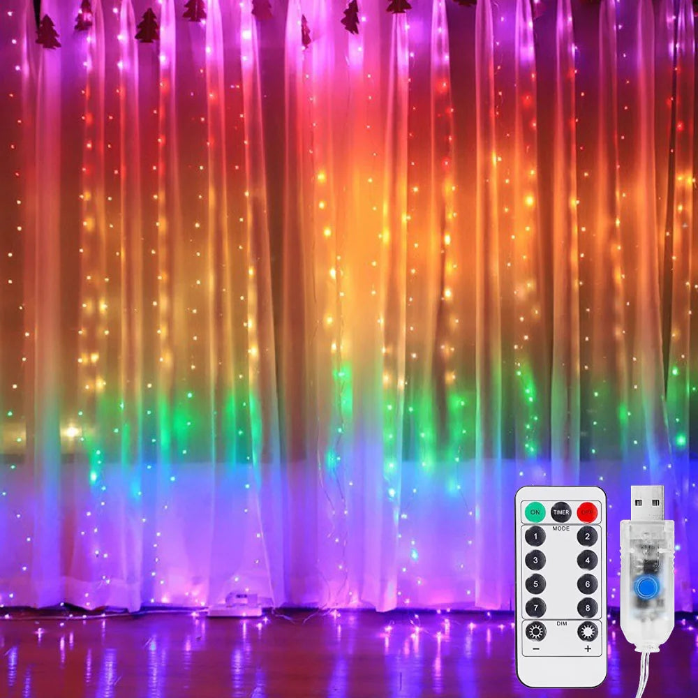 guirlande lumineuse multicolore fil cuivre torsadé 300 lumières 3x3m moderne noël décoration chambre coucher