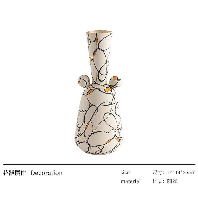 vase céramique moderne blanc noir orange motifs abstraits points bibliothèque décoration