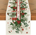 Un motif festif de verdure et de baies rouges, incluant des branches de sapin, du houx et des fleurs, sur un fond blanc.