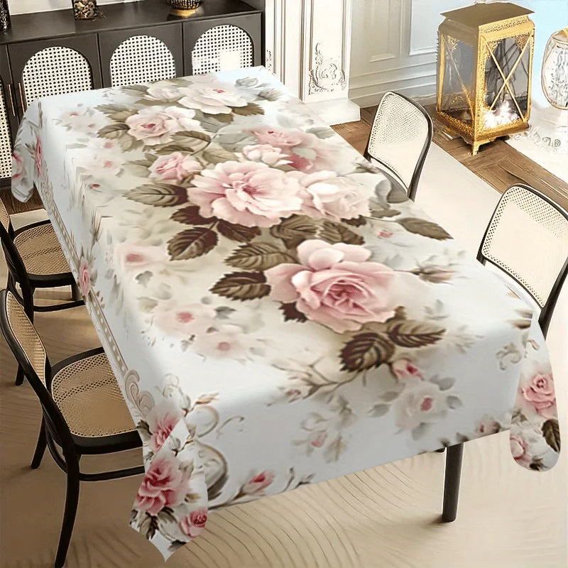 nappe table fleurs roses feuilles vertes blanc classique réutilisable polyester maison printemps