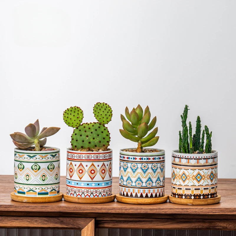 pots fleurs céramique géométrique triangles étoiles ethnique décoratif blanc bleu vert marron