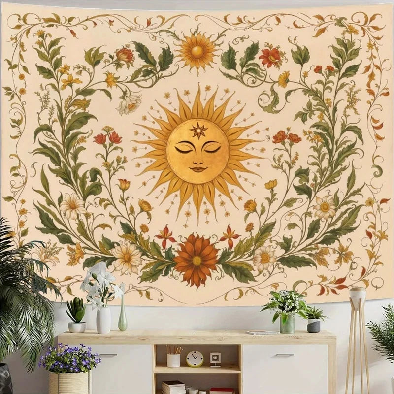 tapisserie florale imprimée bohème vintage rectangle couleurs chaudes solaire détaillée