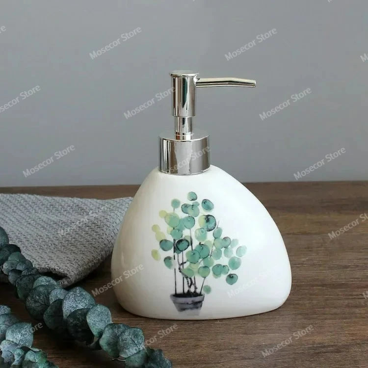 ensemble vaisselle salle bain blanc motifs floraux moderne distributeur savon tasses dents bol savon