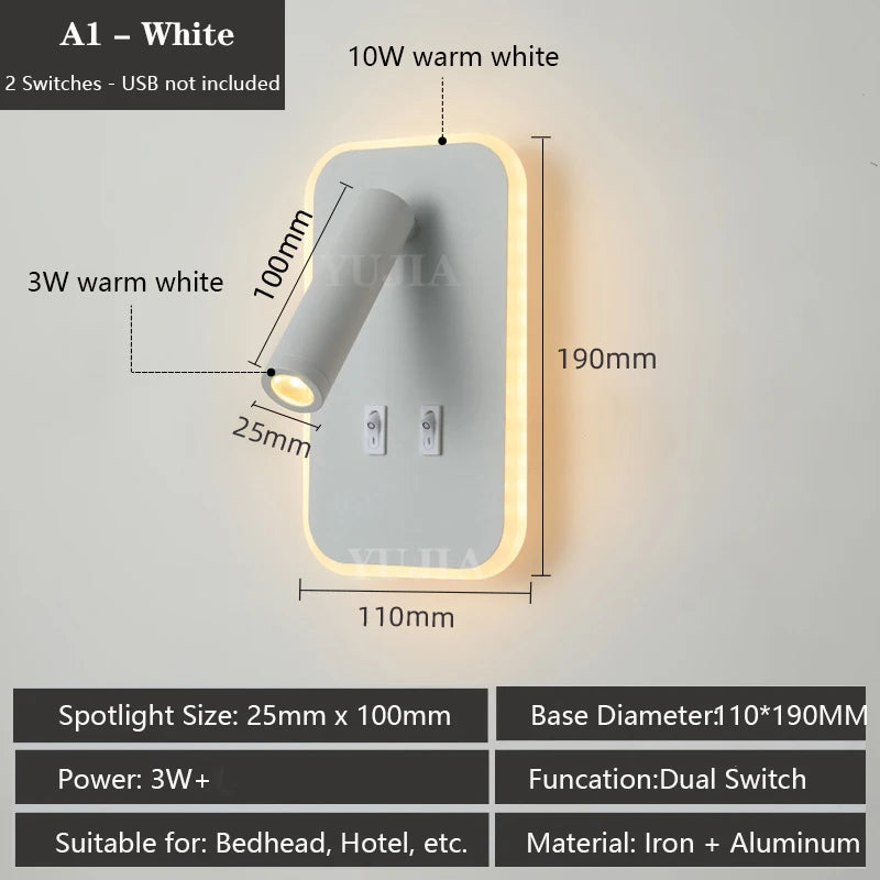 lampe murale multifonction moderne prise usb interrupteur double finition noire blanche minimaliste