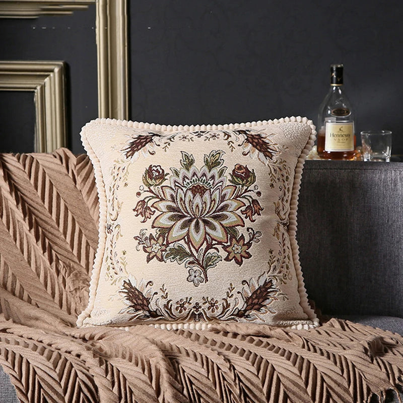coussin carré floral brodé vintage chenille marron bleu marine élégant zippéversible