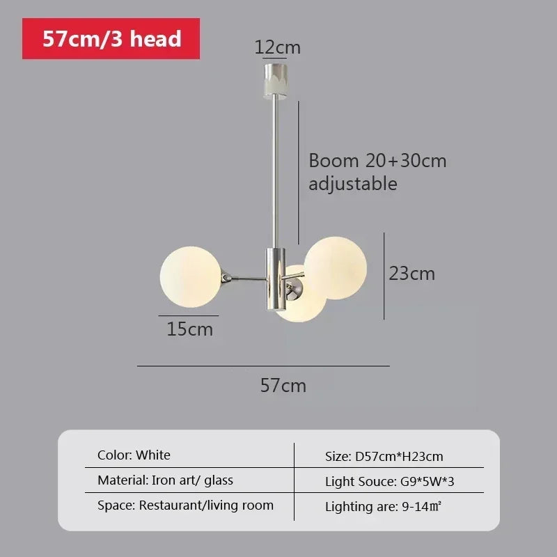 chandelier moderne minimaliste argenté blanc plusieurs têtes verre opalescent fixé réglable