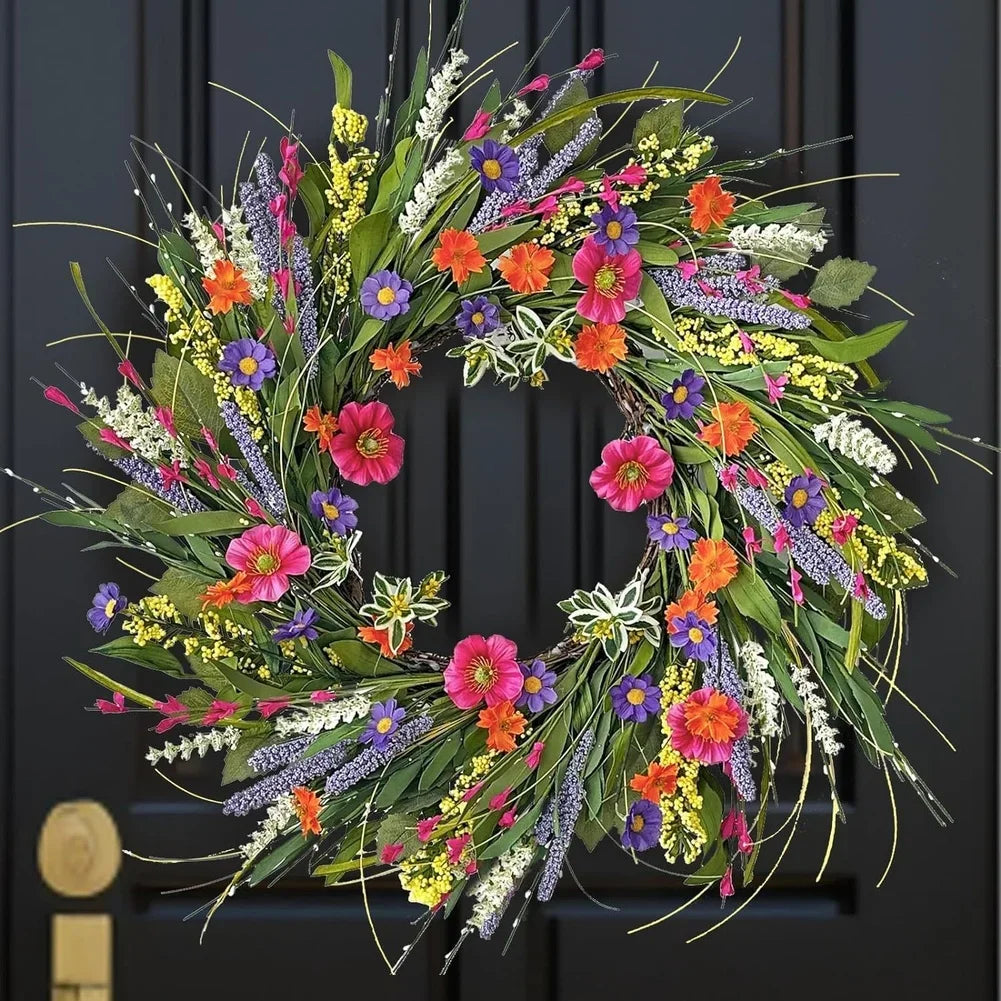 décoration murale couronne florale printemps couleurs vives champêtre papillons inclusintérieur accrochage bouclemétallique