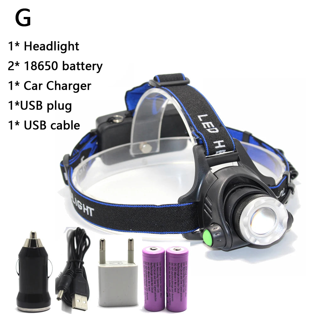 lampe frontale led rechargeable noir bleu rayures diagonales verre transparent mode zoom camping