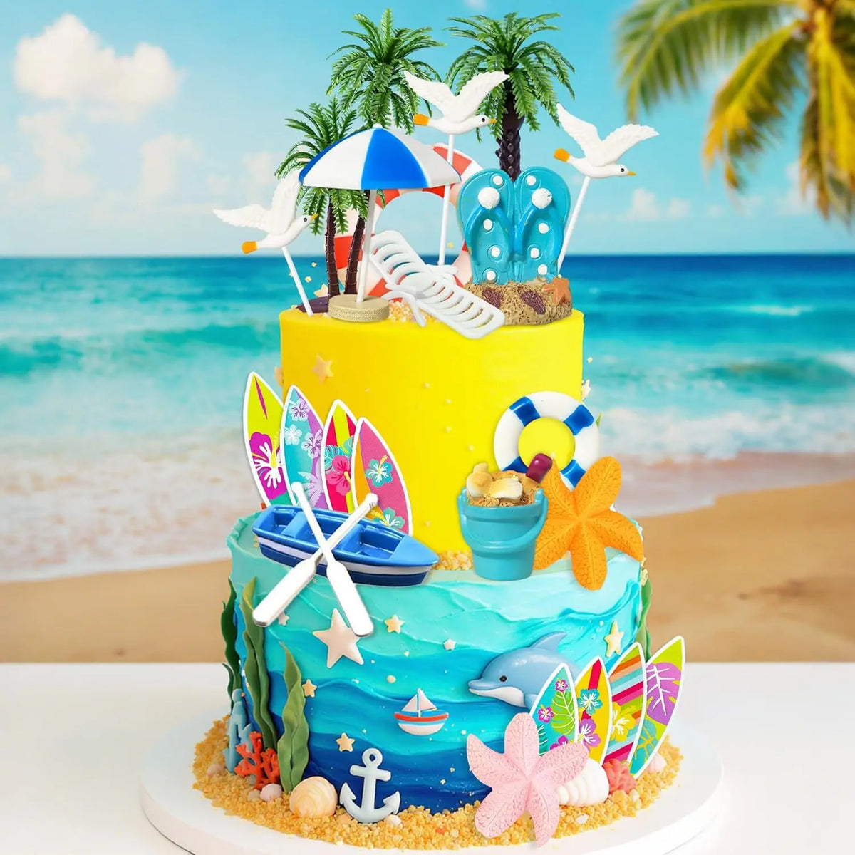 décorations gâteau plage palmiers parasols sandales bouées bateaux palmes étoiles mer dauphin coquillage floral