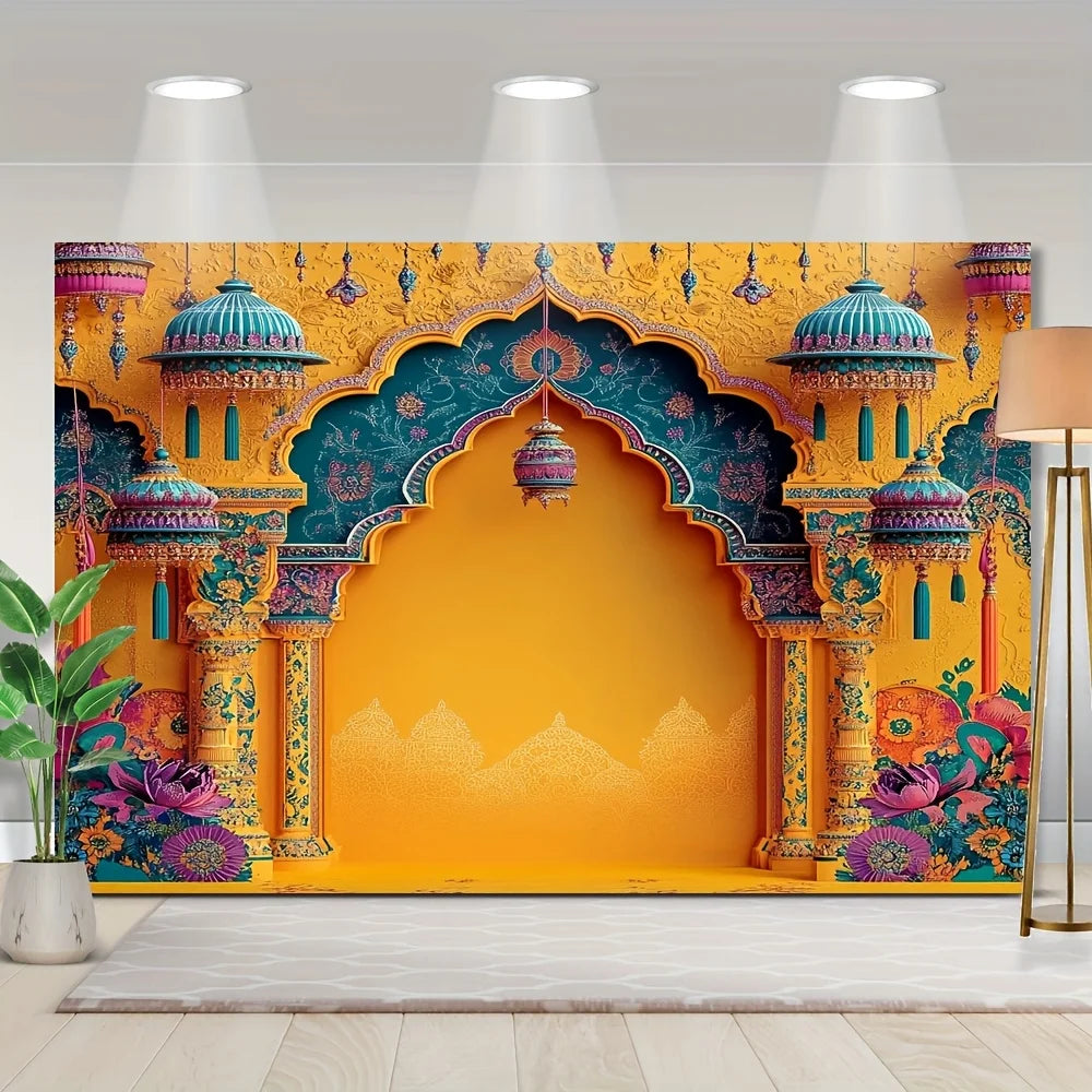 toile fond décoration murale indienne arches colonnes motifs floraux jaune orange violet occasionnelle festive