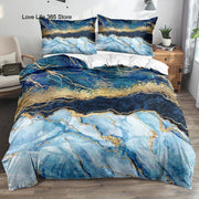 ensemble couette moderne bleu or imitation marbre fissures dorées opalescent deux taies oreiller