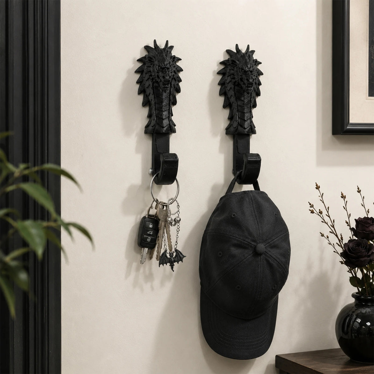 tête dragon noir sculpté fantasy crochet mural décoration gothique entrée médiéval écailles éléments texturés