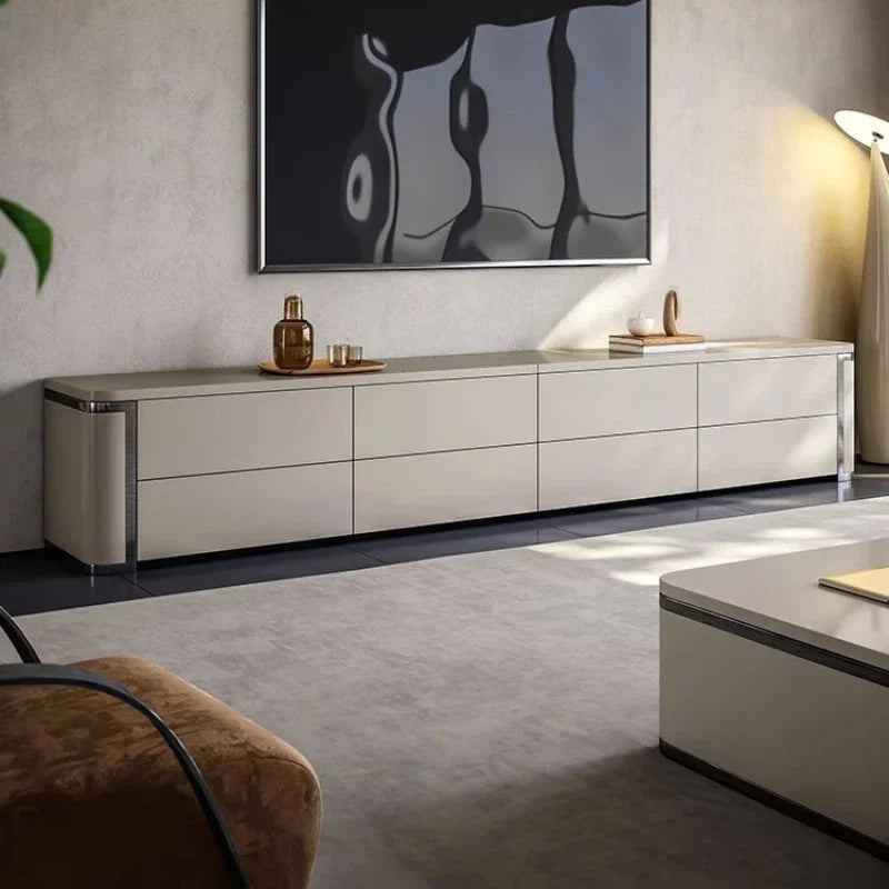 meuble tv moderne bois tiroirs beige clair salon plateau support