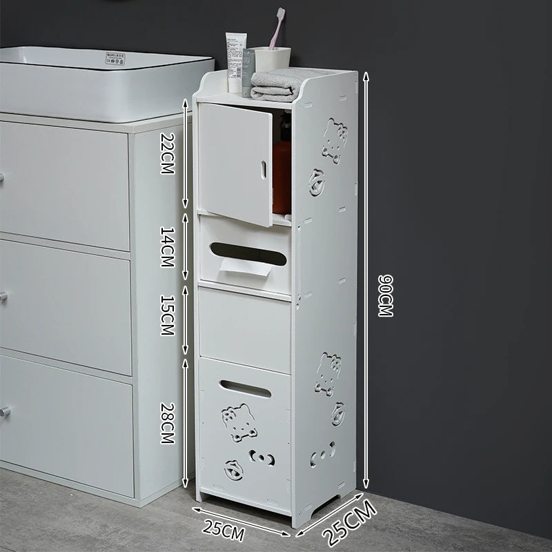 meuble rangement salle bain blanc moderne tiroir déchets étagères étroites