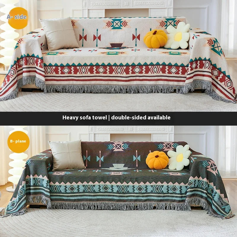 couverture canapé ethnique beige motifs tribaux franges automne hiver boho chic polyestère machine