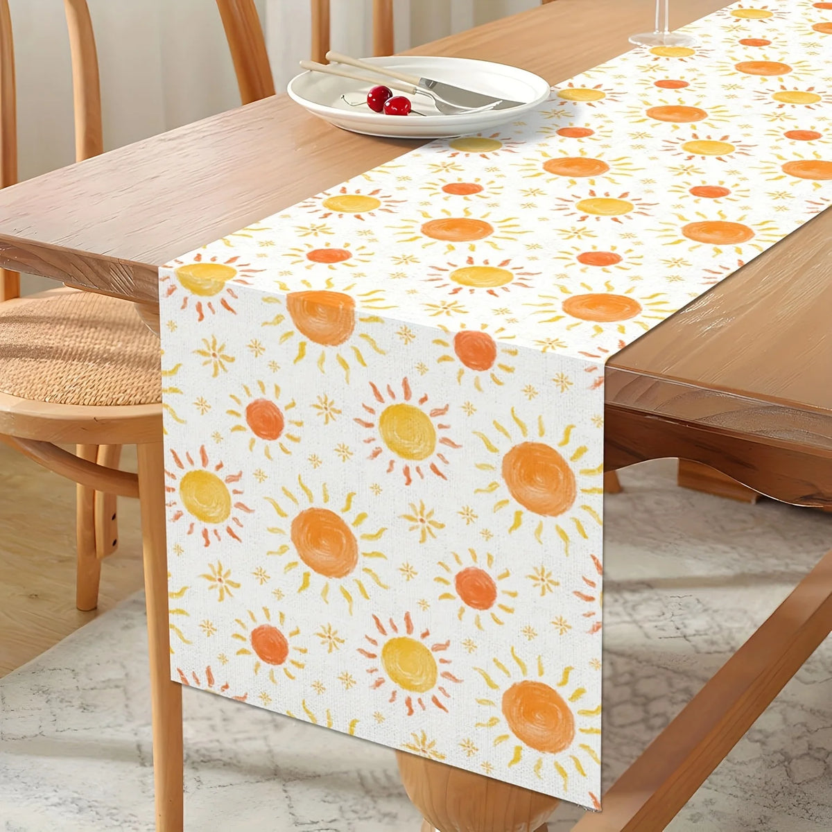 chinois moderne chemin table lin soleils colorés blanc orange jaune festive salle manger