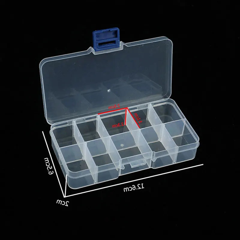 boîte rangement bijoux transparente pratique 10 compartiments clips cheveux poignée bleue