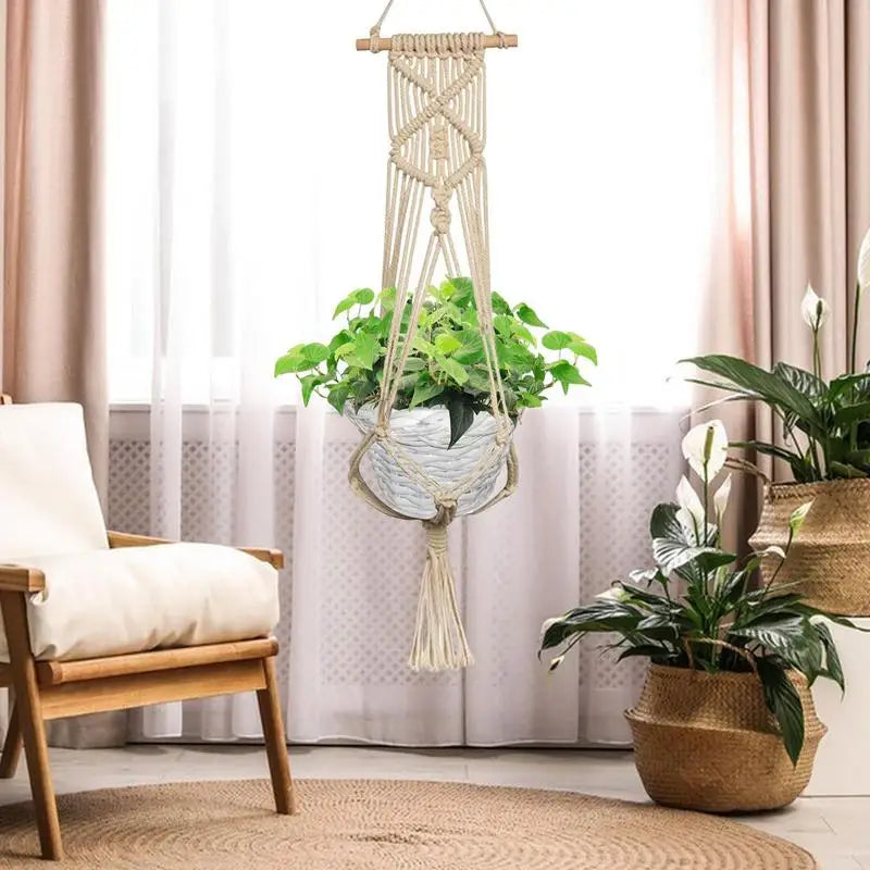 Suspension plante blanche en macramé fait main