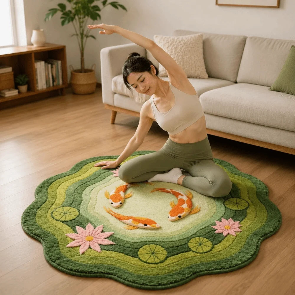 tapis poissons lotus salon rose vert artisanal réaliste poissons feuilles fleurs