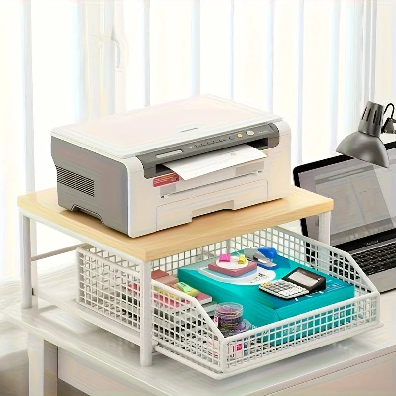 meuble rangement blanc bois paniers métalliques tiroir calculatrice stylos moderne fonctionnel