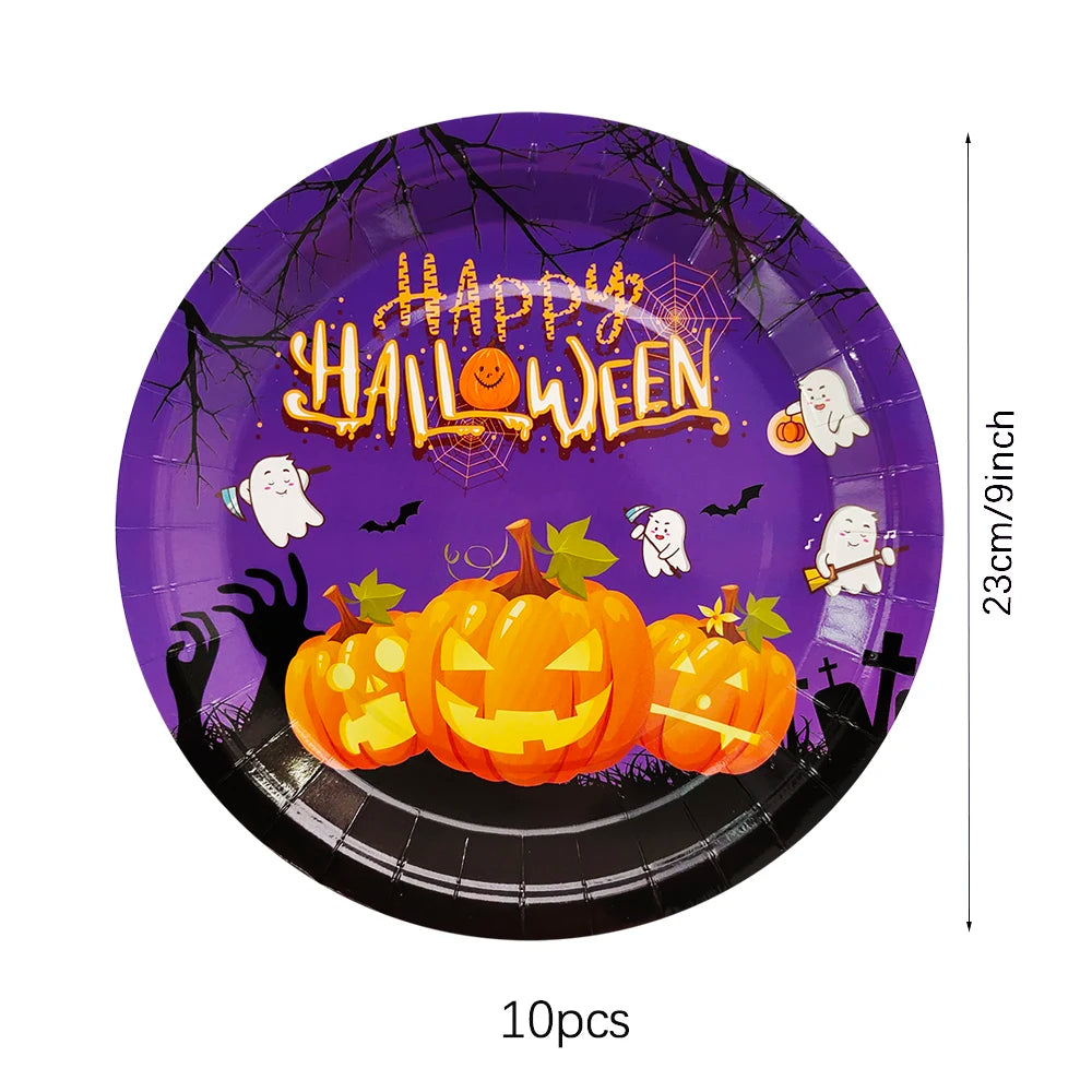 vaisselle jetable halloween assiettes gobelets pailles serviettes nappe citrouilles fantômes araignées violet orange