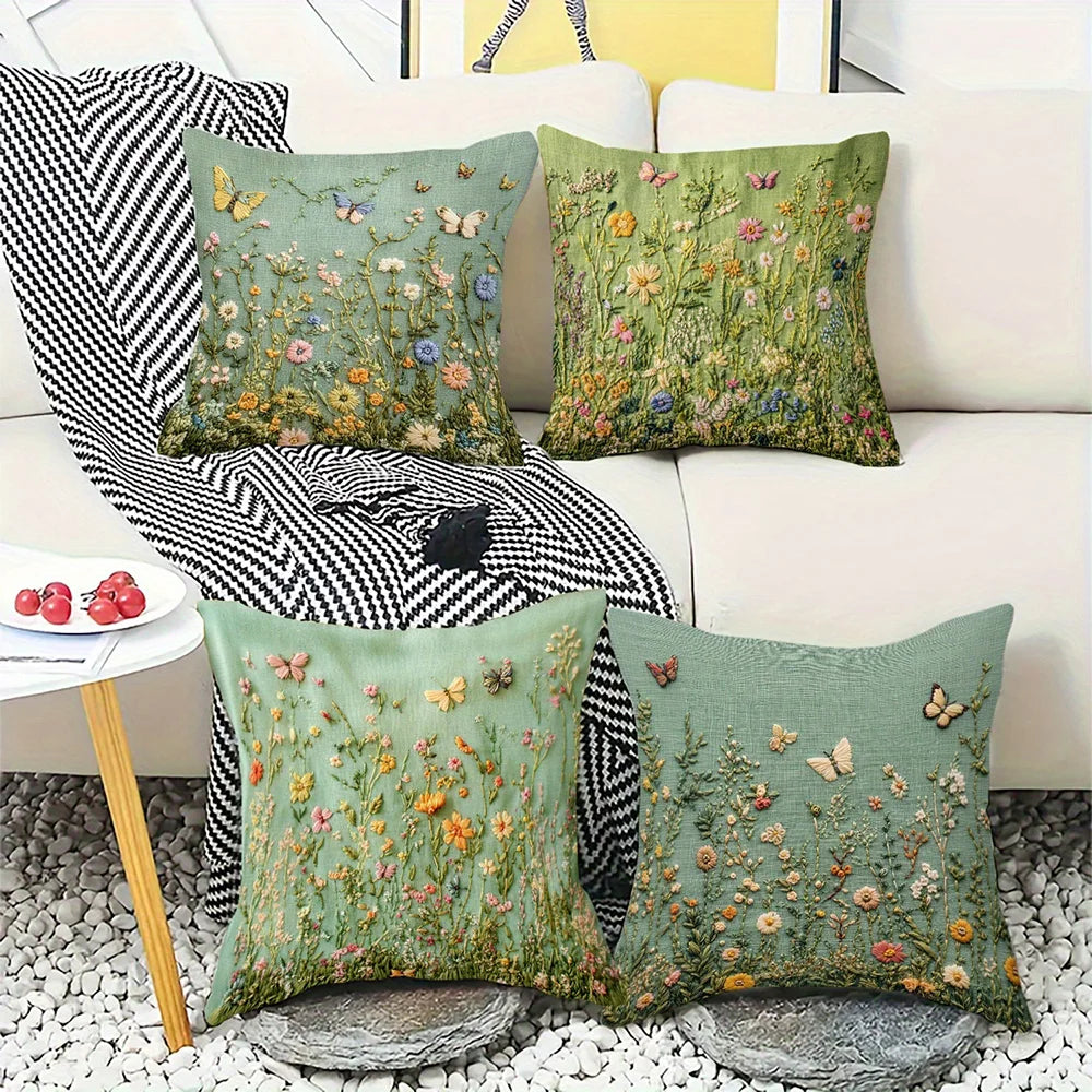 housse coussin motif floral papillons vintage vert clair decoration intérieure 40x40cm 45x45cm 50x50cm 60x60cm