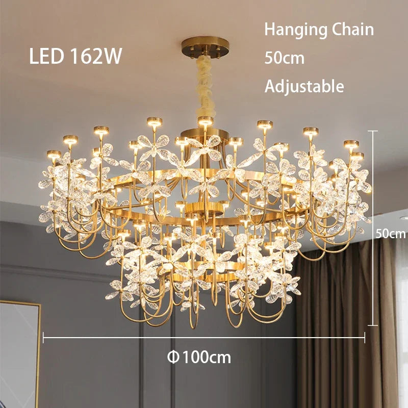 lustre or cristal transparent fleurs classique suspension chaines led moderne