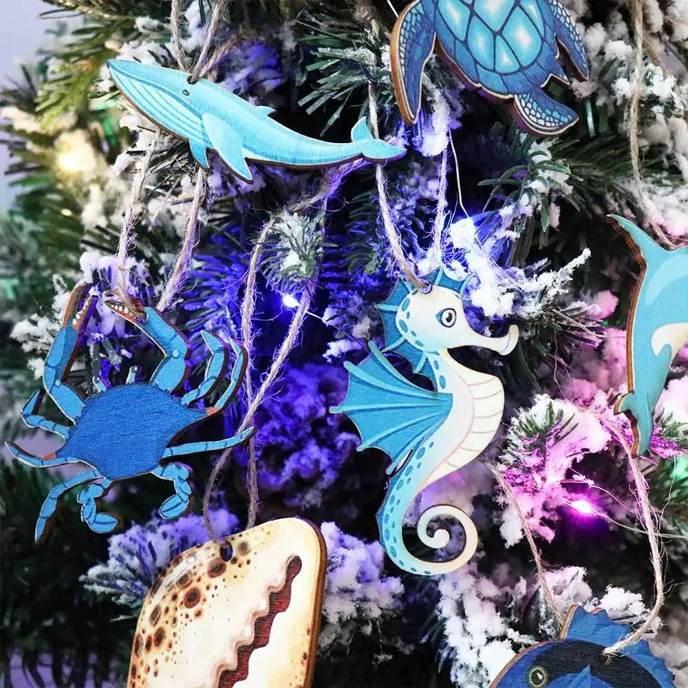 décorations noël thème marin bois coquillages hippocampes poissons crabes bleu beige marron artisanat festive
