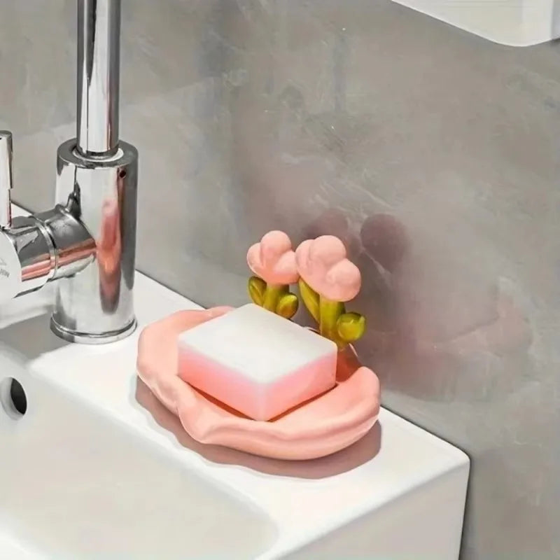 support savon moderne rose blanc fleurs relief surface lisse évacuation salle bain portable