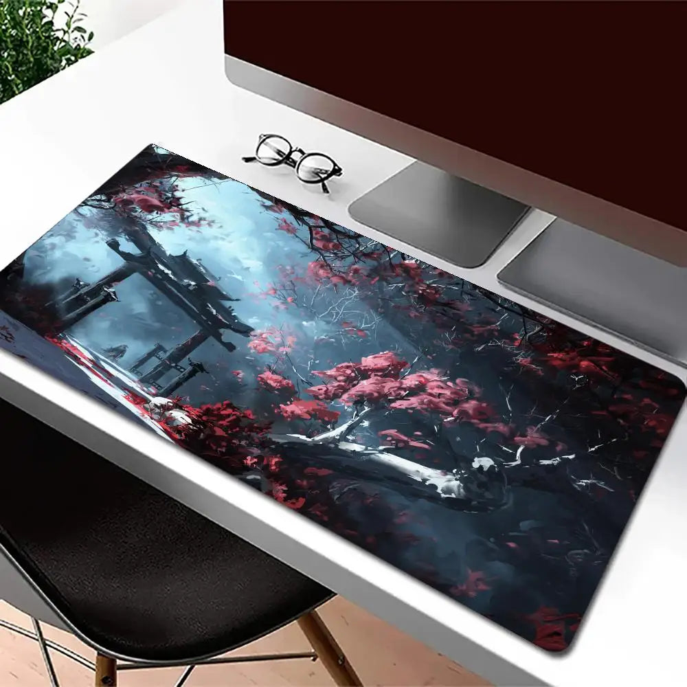 tapis souris gaming paysage oriental arbres fleuris bleu noir rouge