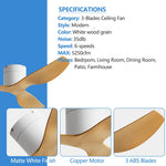 ventilateur blanc grain bois moderne 45 52 pouces télécommande silencieux