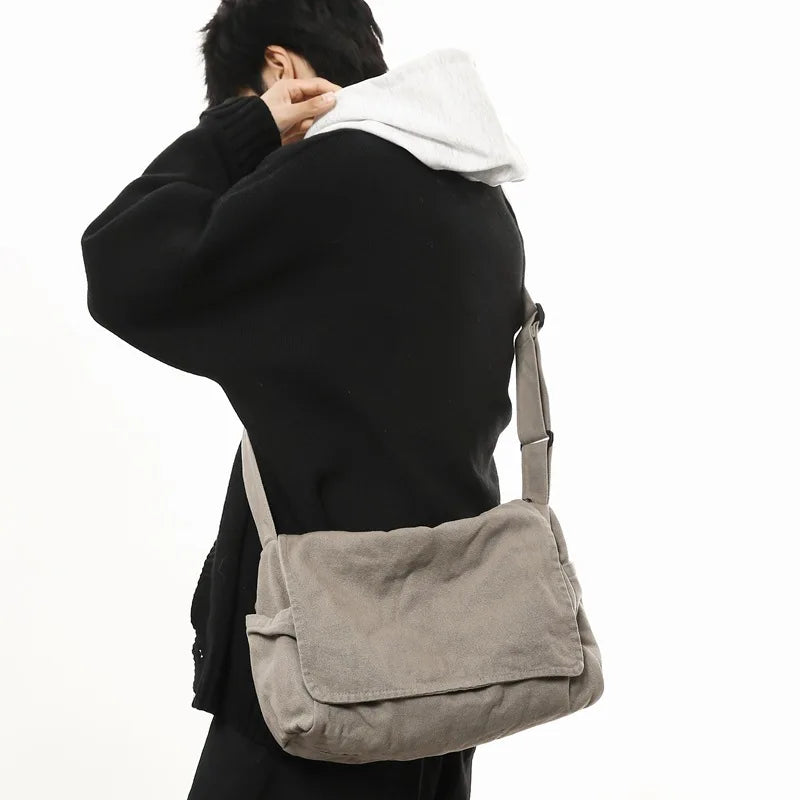 sac bandoulière toile gris décontracté poche rabat unisexe enveloppe doux casual tendance polyvalent