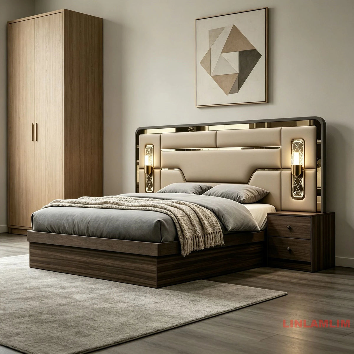 ensemble chambre moderne lit cuir gris beige tapis plante table miroir armoire commode