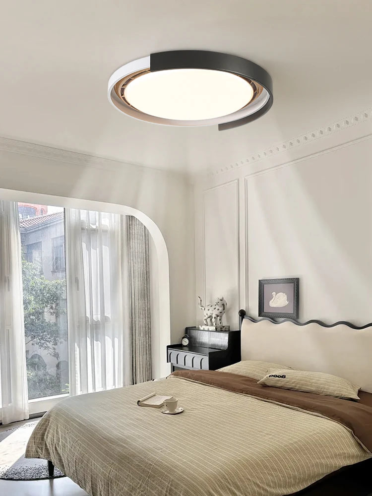luminaire moderne bois grainé marron foncé éclairage ventilateur led invisible chambre coucher