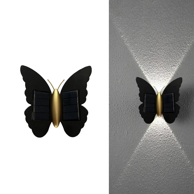 lampe murale solaire led papillon moderne noir doré extérieure adhésive ip44 rechargeable 2lumieres