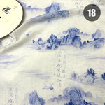 tissu imprimé chinois personnages traditionnels bambous fleurs beige vert bleu rose