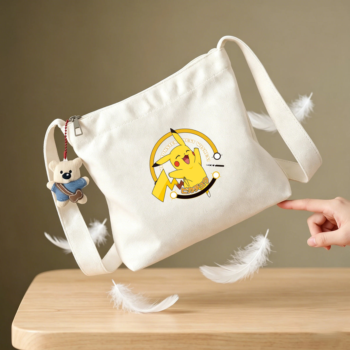 sac bandoulière toile blanc pikachu anime ours peluche grande capacité sac main