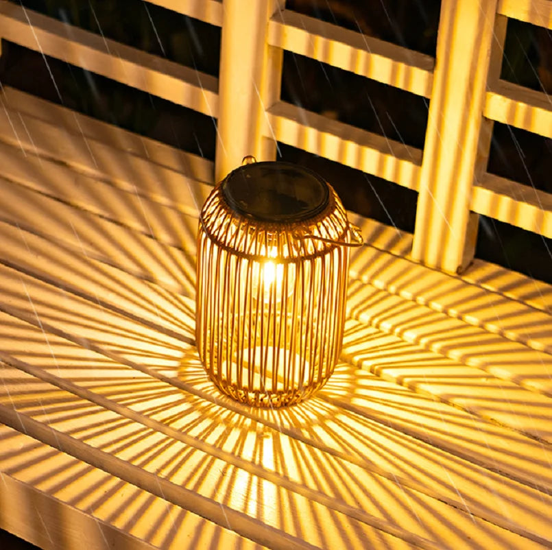 lanterne solaire marron clair tressée bambou rustique extérieur anneau suspension lumière naturelleextérieur
