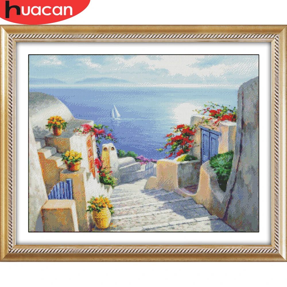 broderie paysage marin maisons blanches escaliers fleurs vases montagnes ciel bleu coton 40x50cm