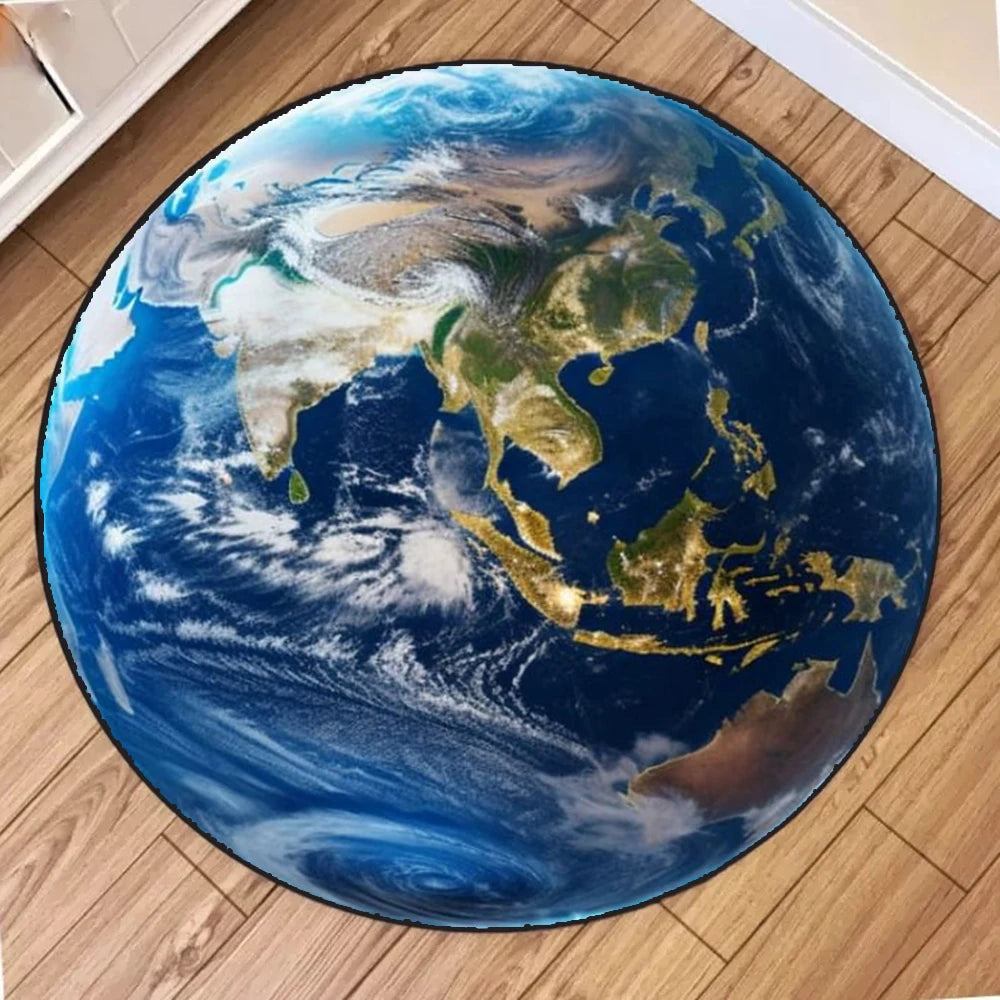 tapis rond moderne imprimé lune terre fleurs gris bleu beige 120x120cm 80x80cm 40x40cm decoration