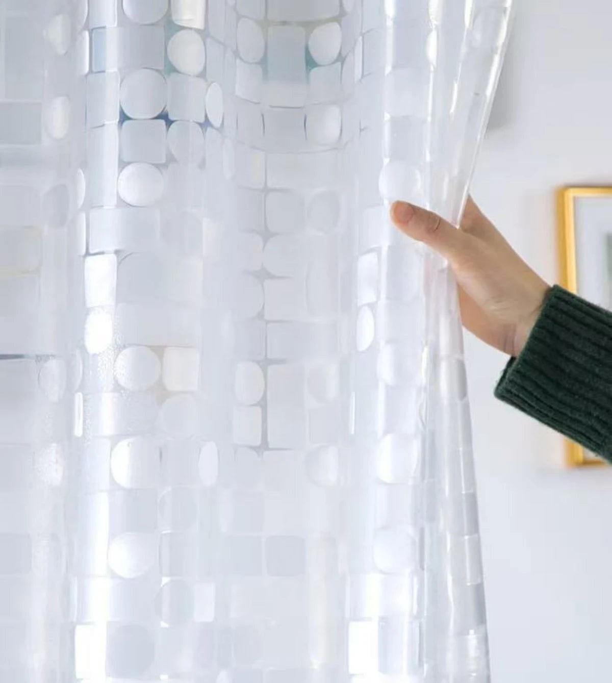 rideau douche moderne transparent motifs géométriques blancs anneaux respectueux l'environnement