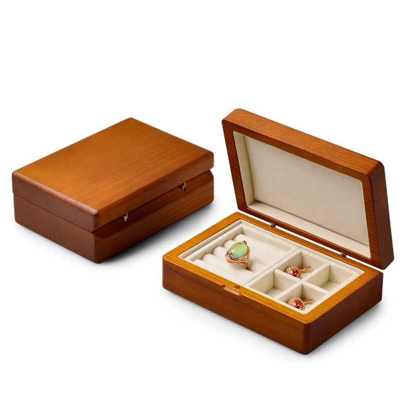 boîte bijoux bois naturel rangement bagues boucles d'oreilles tissu velours gris beige classique poignées