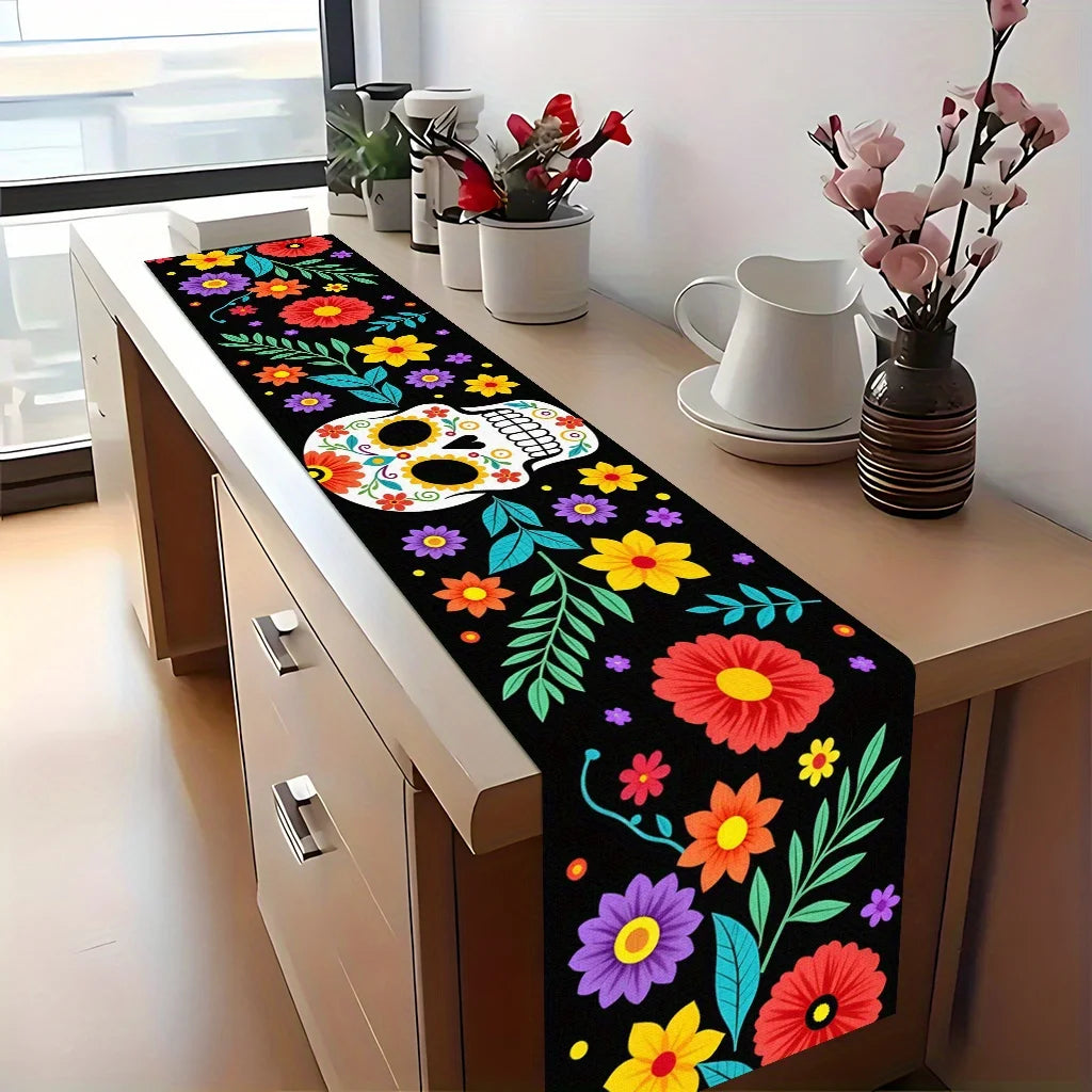 table table motif crânes fleurs colorées festif moderne noir rouge jaune violet vert