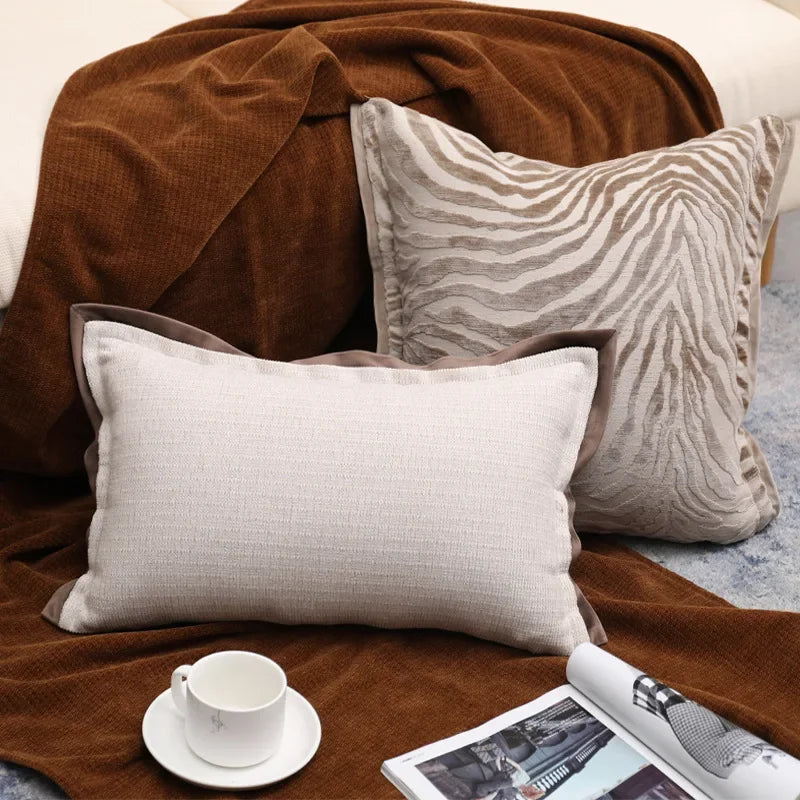 housse coussin rayé beige marron contemporain décoration maison carré polyester coton